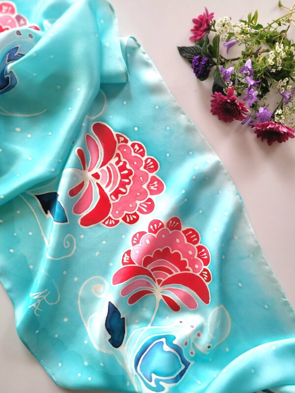 Szal różowe kwiaty w turkusie/Shawl Pink Flowers In Turquoise 145x 30 cm - obrazek 3
