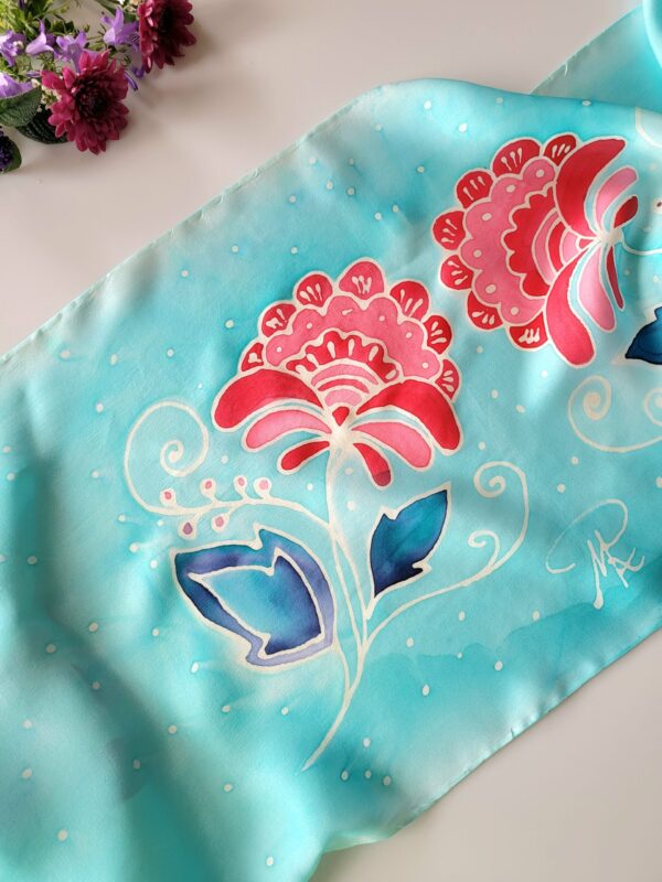 Szal różowe kwiaty w turkusie/Shawl Pink Flowers In Turquoise 145x 30 cm - obrazek 6
