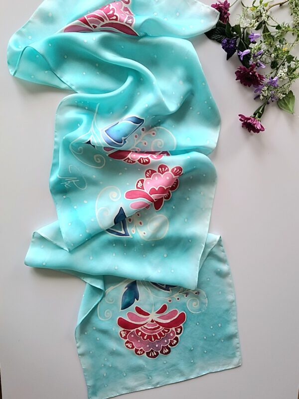 Szal różowe kwiaty w turkusie/Shawl Pink Flowers In Turquoise 145x 30 cm - obrazek 5