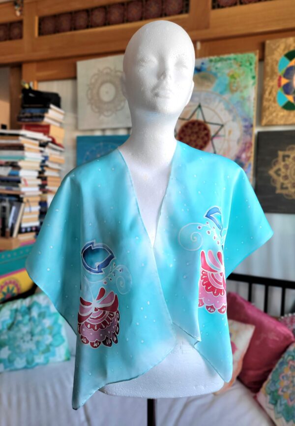 Szal różowe kwiaty w turkusie/Shawl Pink Flowers In Turquoise 145x 30 cm - obrazek 4