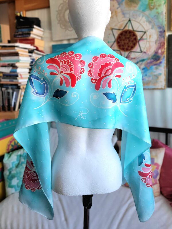 Szal różowe kwiaty w turkusie/Shawl Pink Flowers In Turquoise 145x 30 cm - obrazek 7